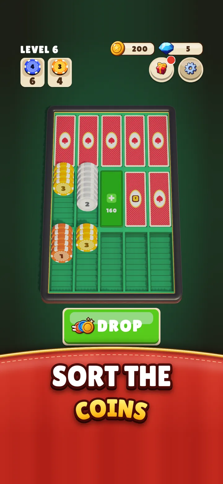 TenStack on a phone: coins in pockets on green felt, goal cards at the top and the DROP button below. Caption: Sort the coins.