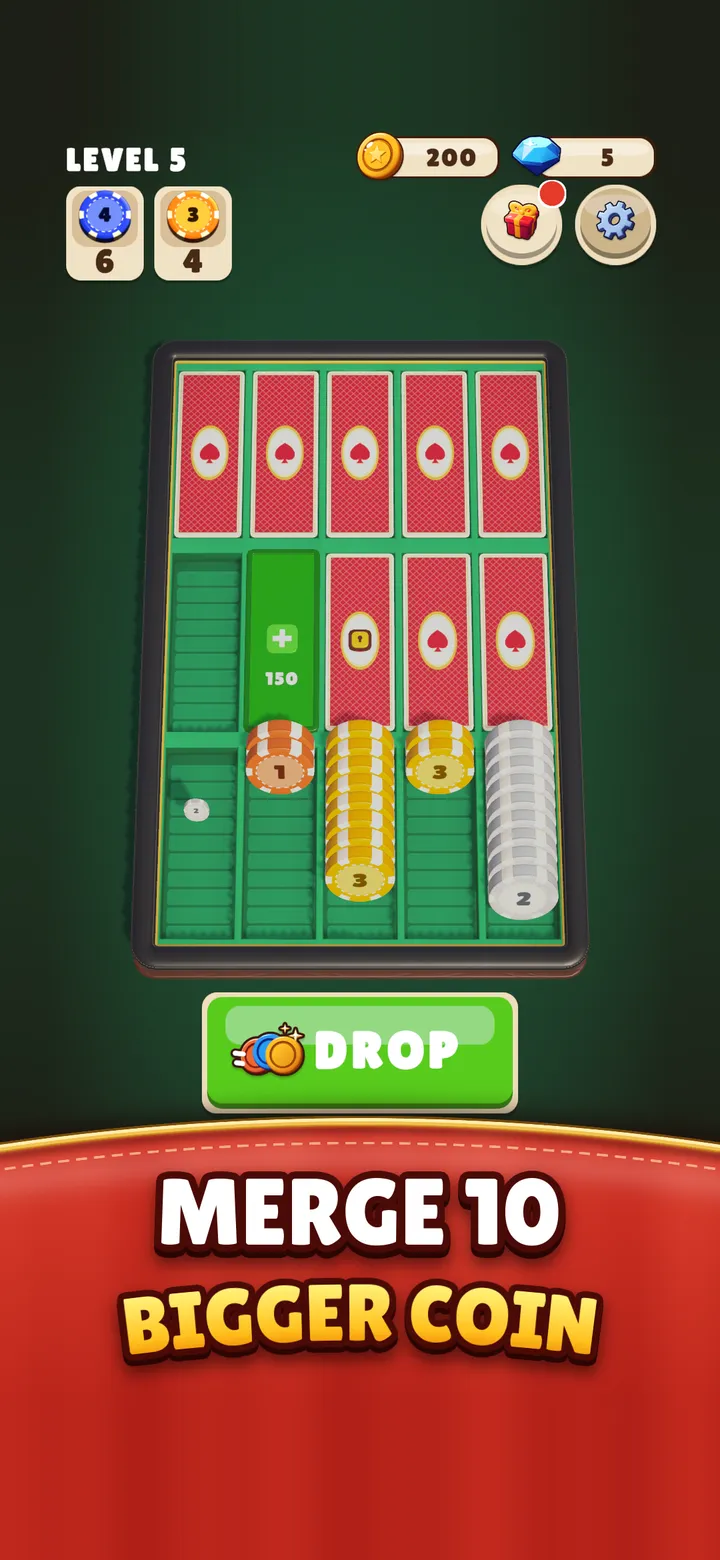 Coin stacks in their pockets, with one stack of equal coins growing toward ten. Caption: Merge 10, bigger coin.