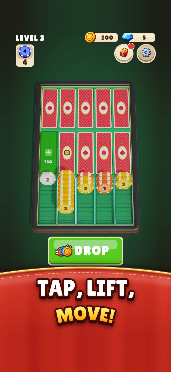 A coin lifted up out of its pocket, ready to move to another pocket. Caption: Tap, lift, move!