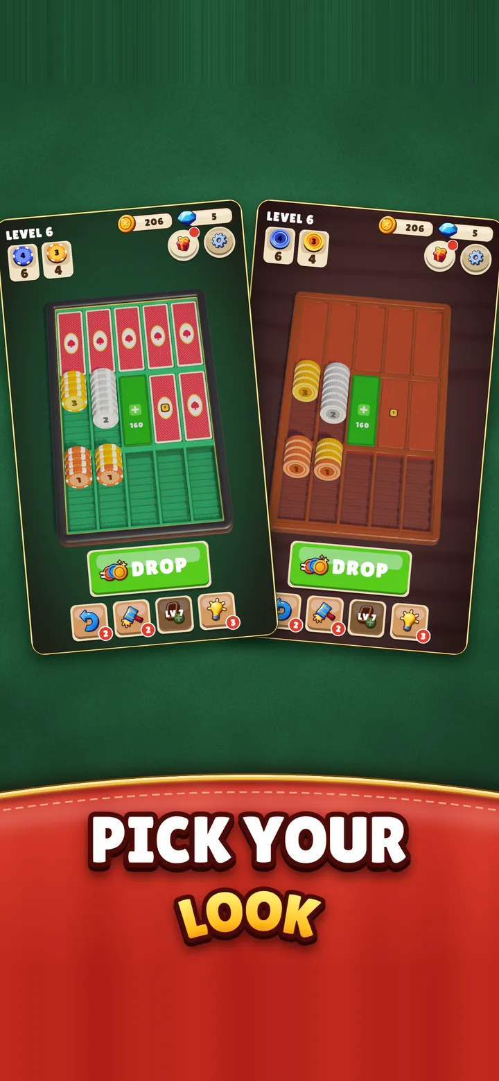 The same level in both themes side by side: Poker green felt and Classic Wood. Caption: Pick your look.
