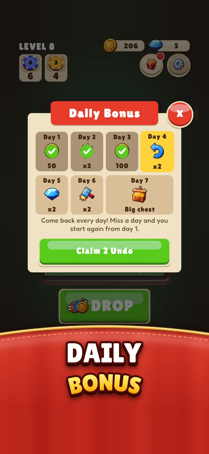 The Daily Bonus window with rewards for 7 days and a big chest on day 7. Caption: Daily bonus.