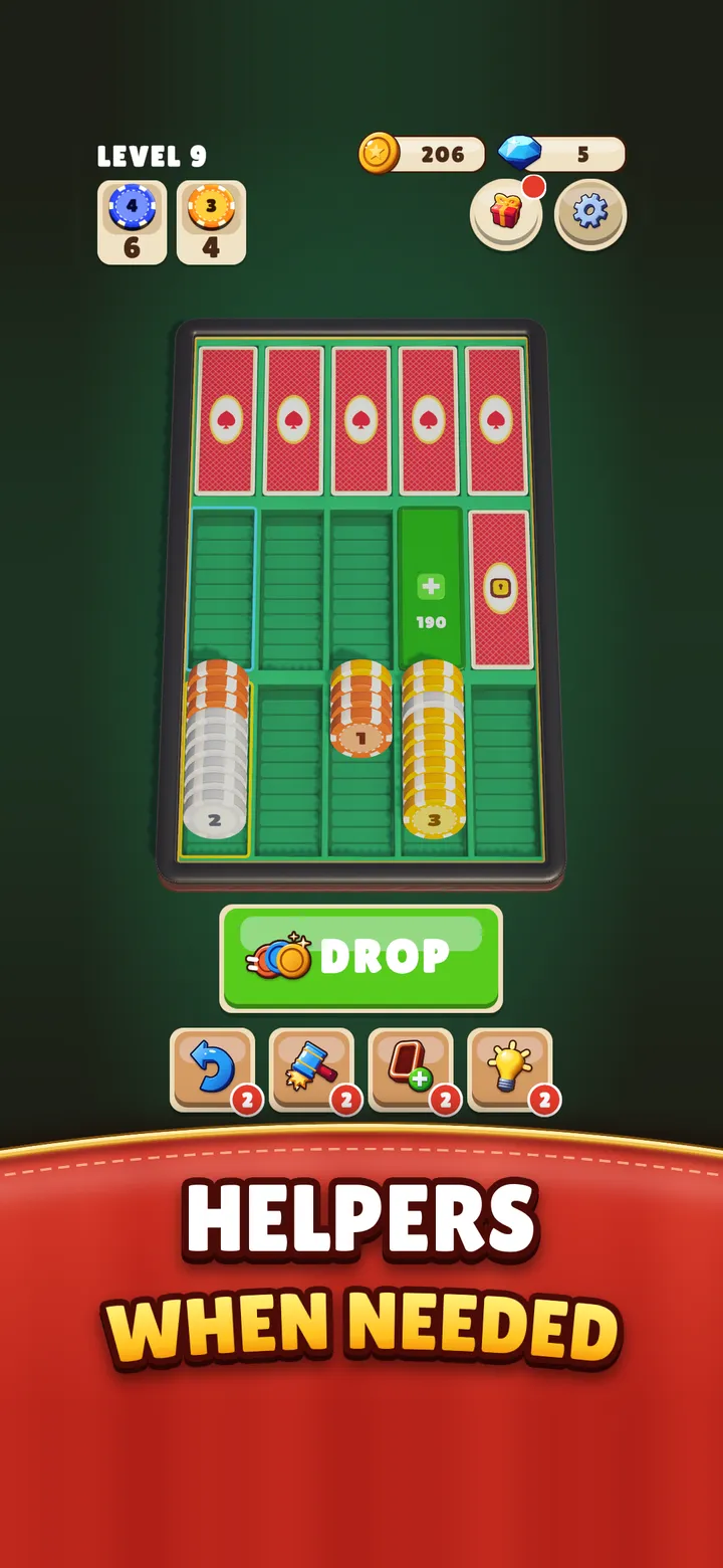 Four helper buttons under the DROP button: Undo, Breaker, +Slot and Hint. Caption: Helpers when needed.