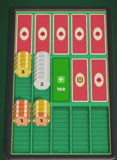 The Poker theme board: a green felt tray with red playing cards on closed pockets and stacks of chips.